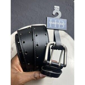 Harbor Bay Black Genuine Leather Belt SZ 50- 52 Double Hole Silver Hardware NWT